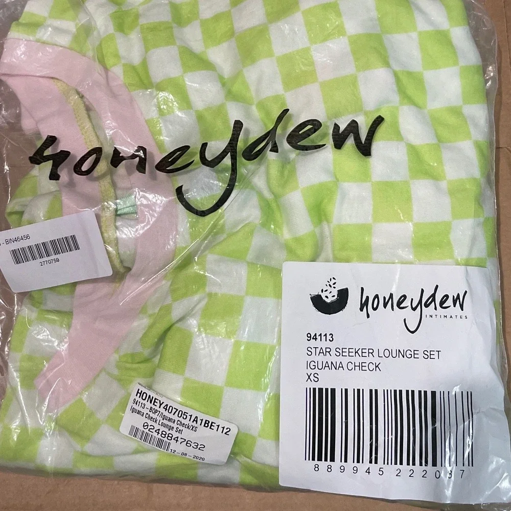 NWT HONEYDEW Star Seeker‎ Lounge Set Iguana Check Long Sleeve Top Pants XS-Neon